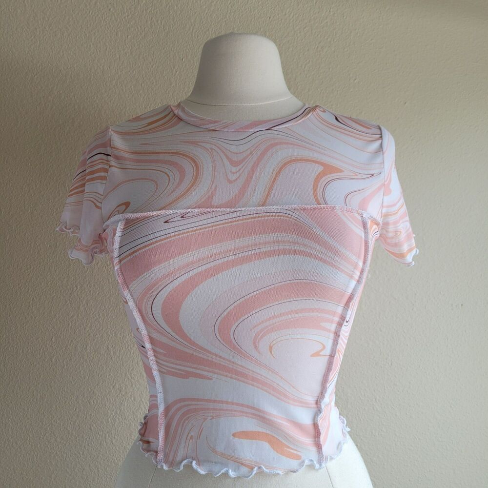 CLOUD DANCER Micro Mesh Crop Top Size S Lettuce Hem Sheer Disco 70s Short Sleeve